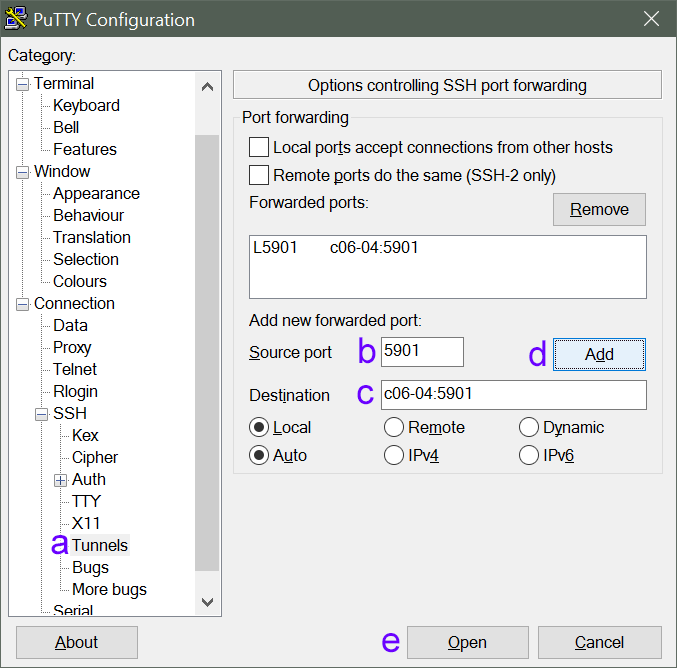 Putty tunnels configuration